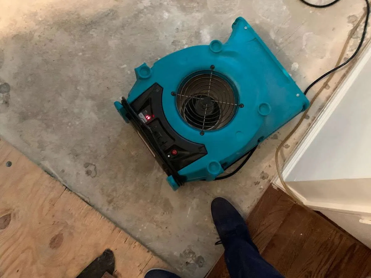 Air mover drying subfloor during Leak Detection & Repair in Warrenville